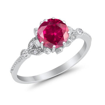 Art Deco Design Fashion Ring Round Simulated Ruby CZ 925 Sterling Silver